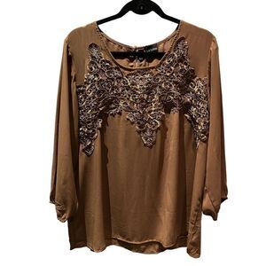Women's Zenobia Blouse 3/4 Sleeve Milk Chocolate Brown Size 2XL Scoop Neck